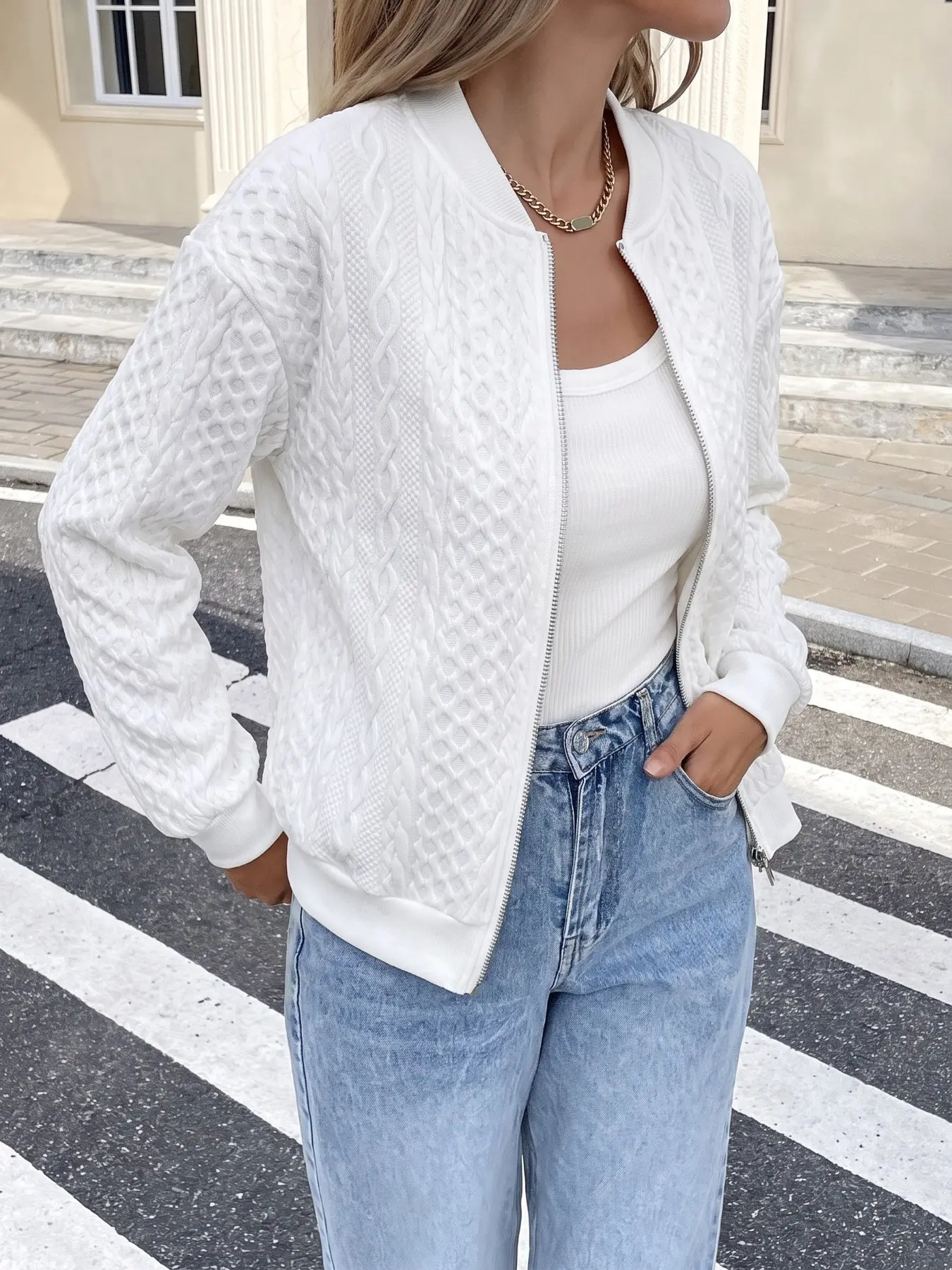 Women's Metal Zipper Jacket, Textured Jacquard Fabric, Long Sleeve Casual Outerwear, Fall & Winter Daily Wear, Plain Surface, Unlined