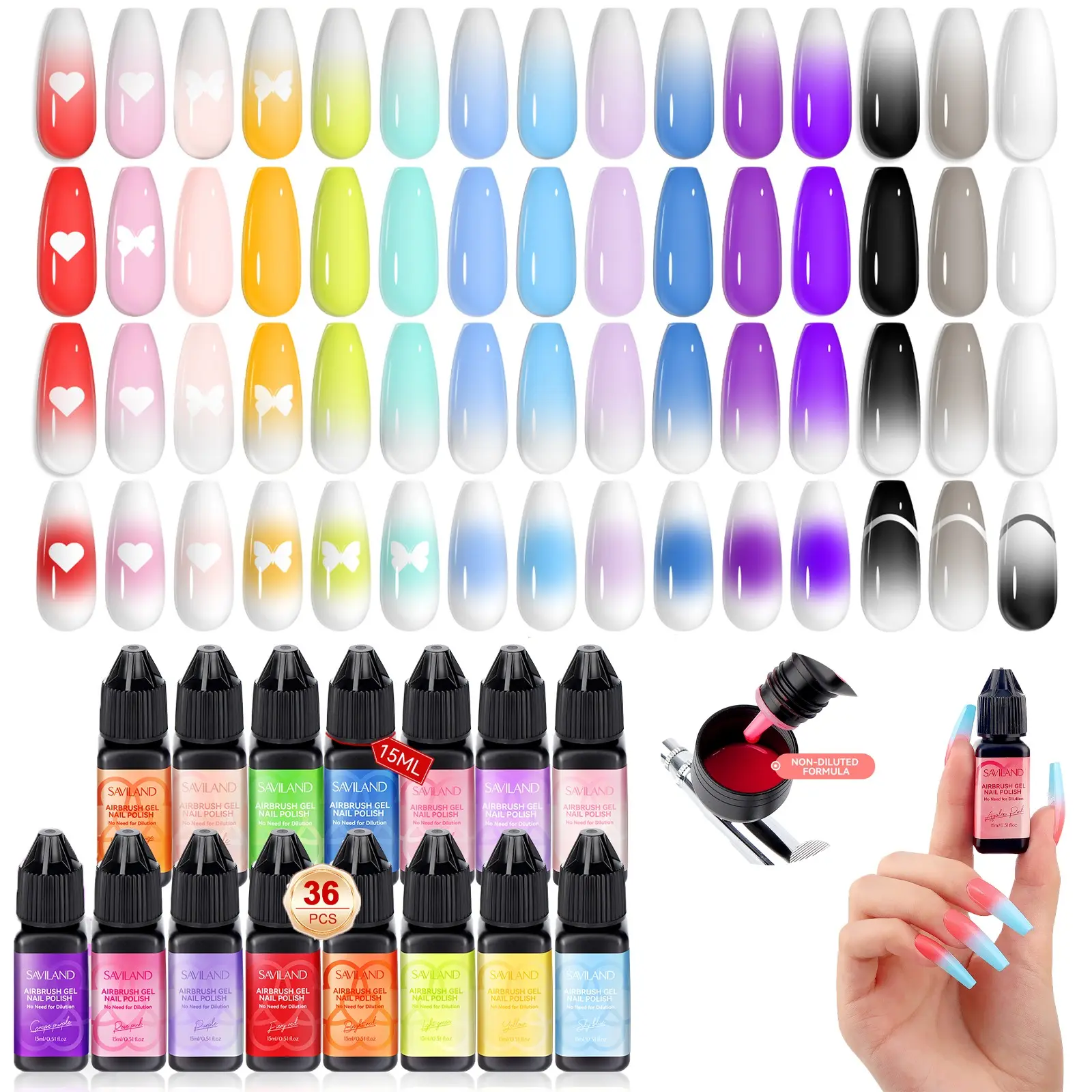 SAVILAND Airbrush Gel Polish Set 36 Colors No Dilution High Pigment Airbrush Paint for Acrylic French Gradient Nails Home Salon DIY