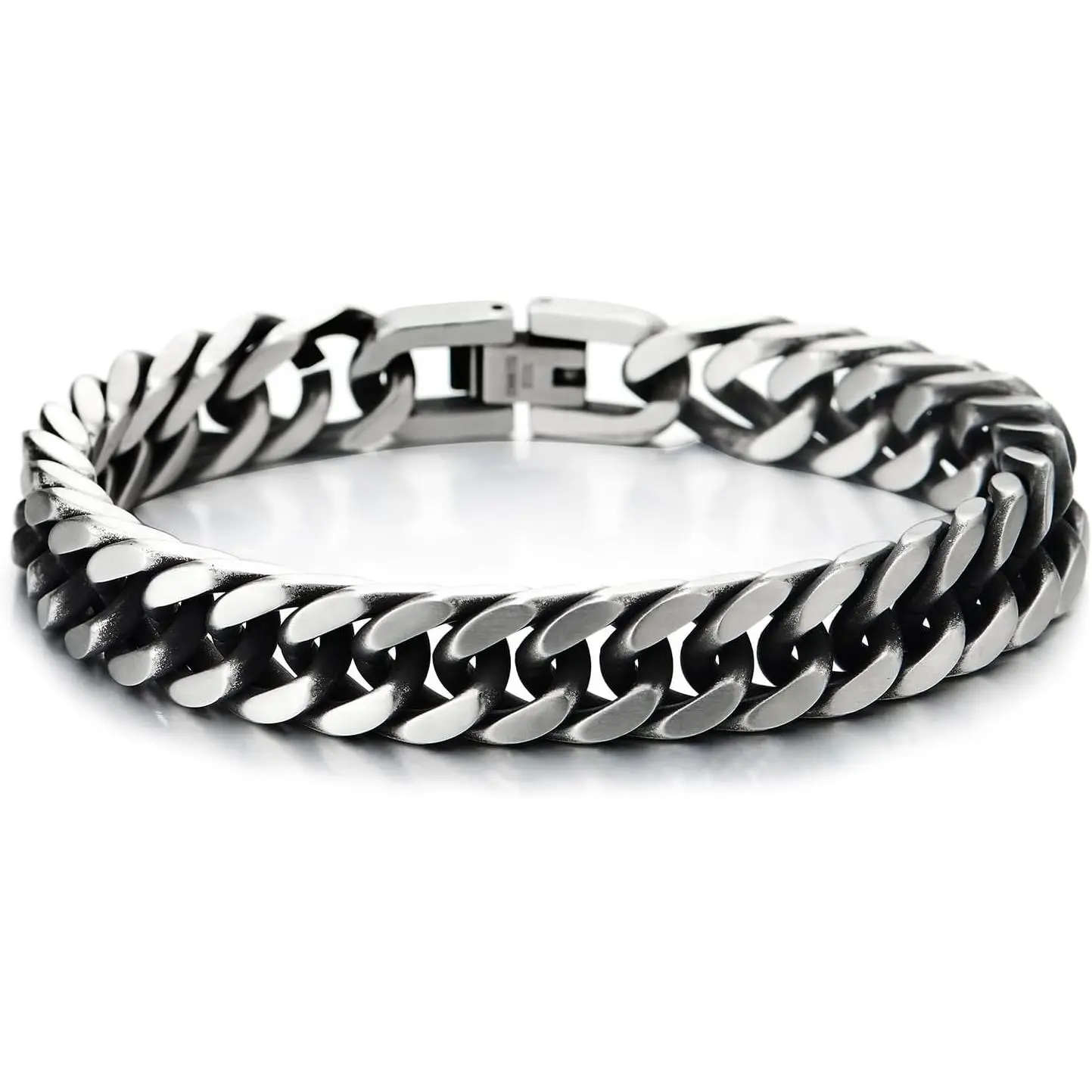 Mens Stainless Steel Two-tone Curb Chain Bangle Bracelet, Satin Finish