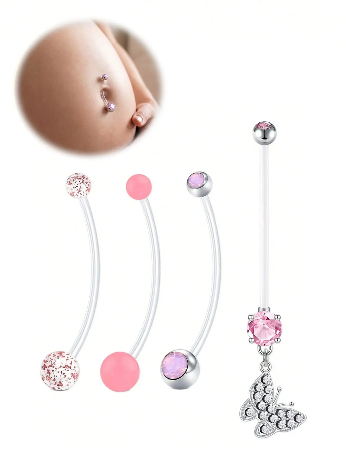 Flexible Transparent Acrylic Belly Button Ring, Dangle Design, 14g Piercing Retainer, Hypoallergenic Plastic, 38mm, Women's Accessory