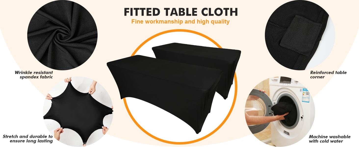 Spandex Table Cover 4 Pack 6FT Black Fitted Tablecloths,Washable Wrinkle Resistant Stretch Table Cloth Rectangle for Vendor Booth Display Items,Supplies for Adults,Wedding Decorations,Banquet