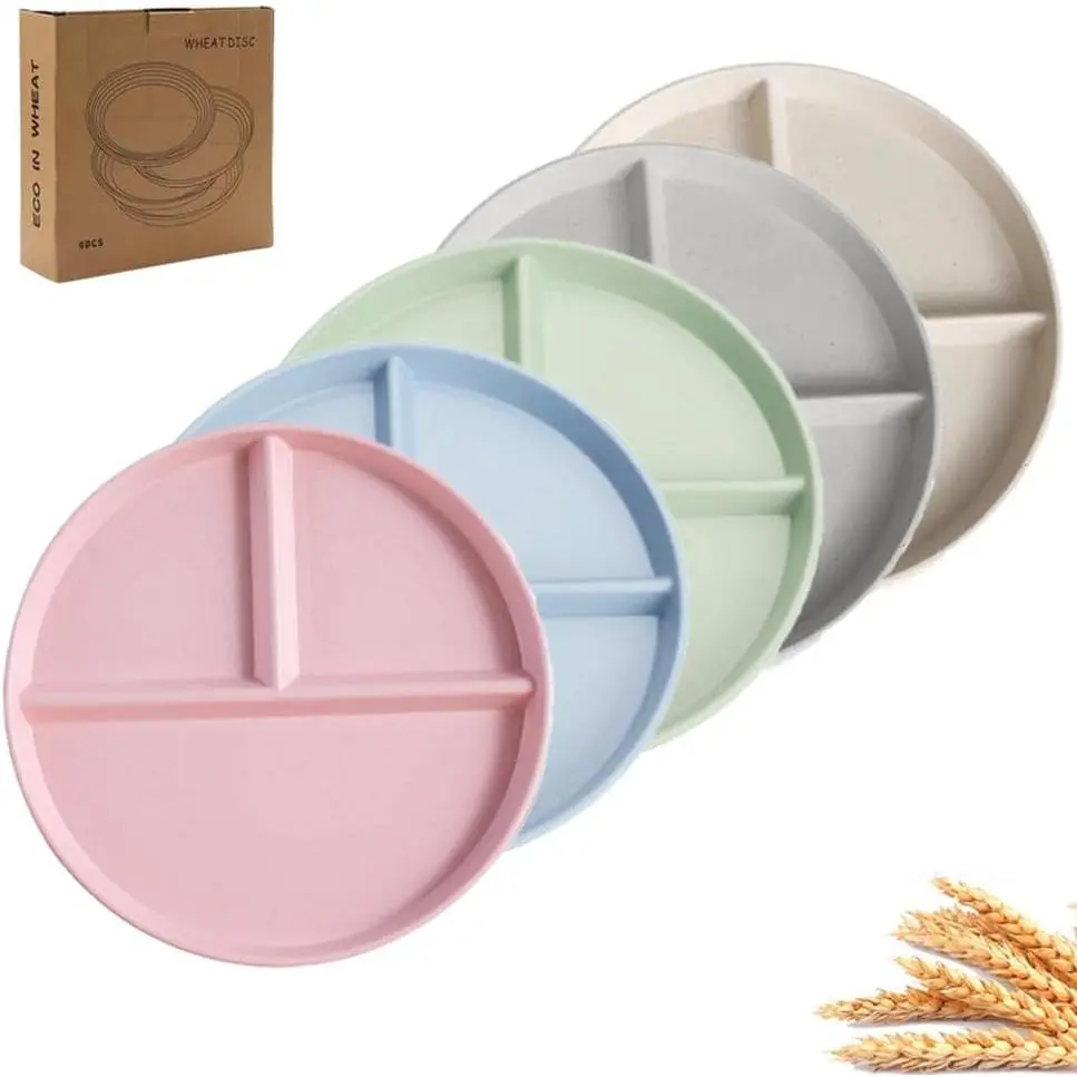 9in Round Deep Wheat Straw Plastic Dinner Plates, 5-Piece Colorful Modern Kitchen Tableware, Ideal Gift for Home Use