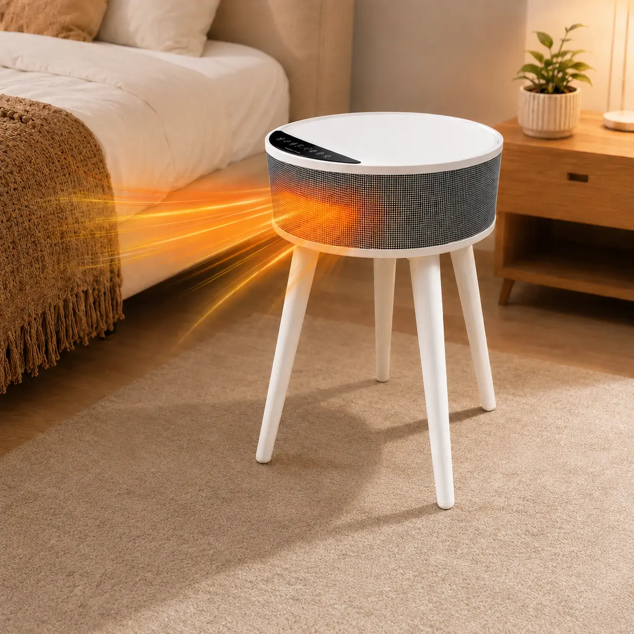 White Round Tabletop Electric Space Heater with Adjustable Thermostat, Safety Grill & Tip-Over Protection, Portable Indoor Warm Air Heater for Desk, Home Office, Bedroom, Living Room, Small Rooms & Personal Use