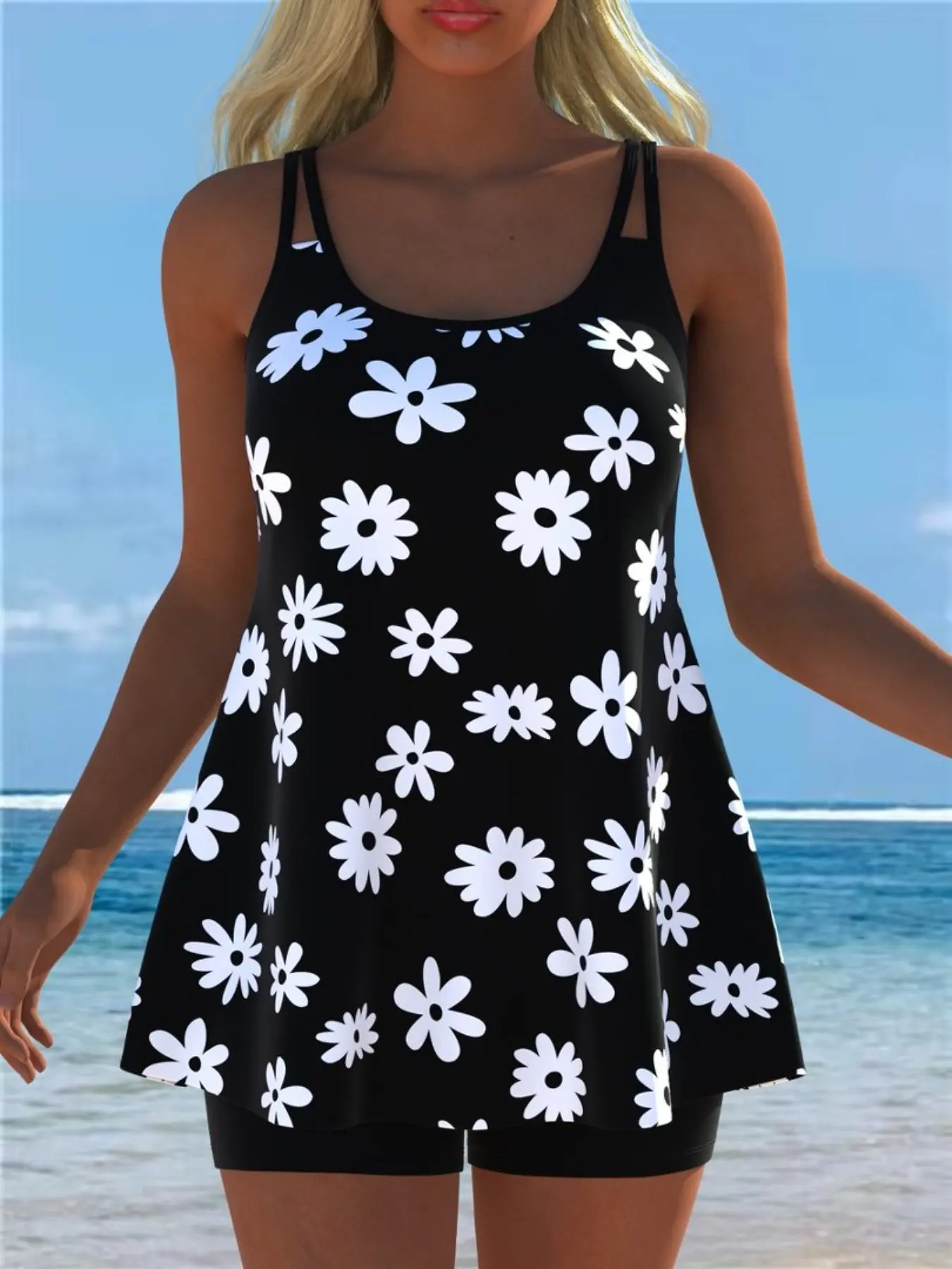 Base Tropical Floral Two-Piece Bikini, Slimming Beach Swimwear, Daisy Print, Gradient Check, Trendy Women's Swimsuit