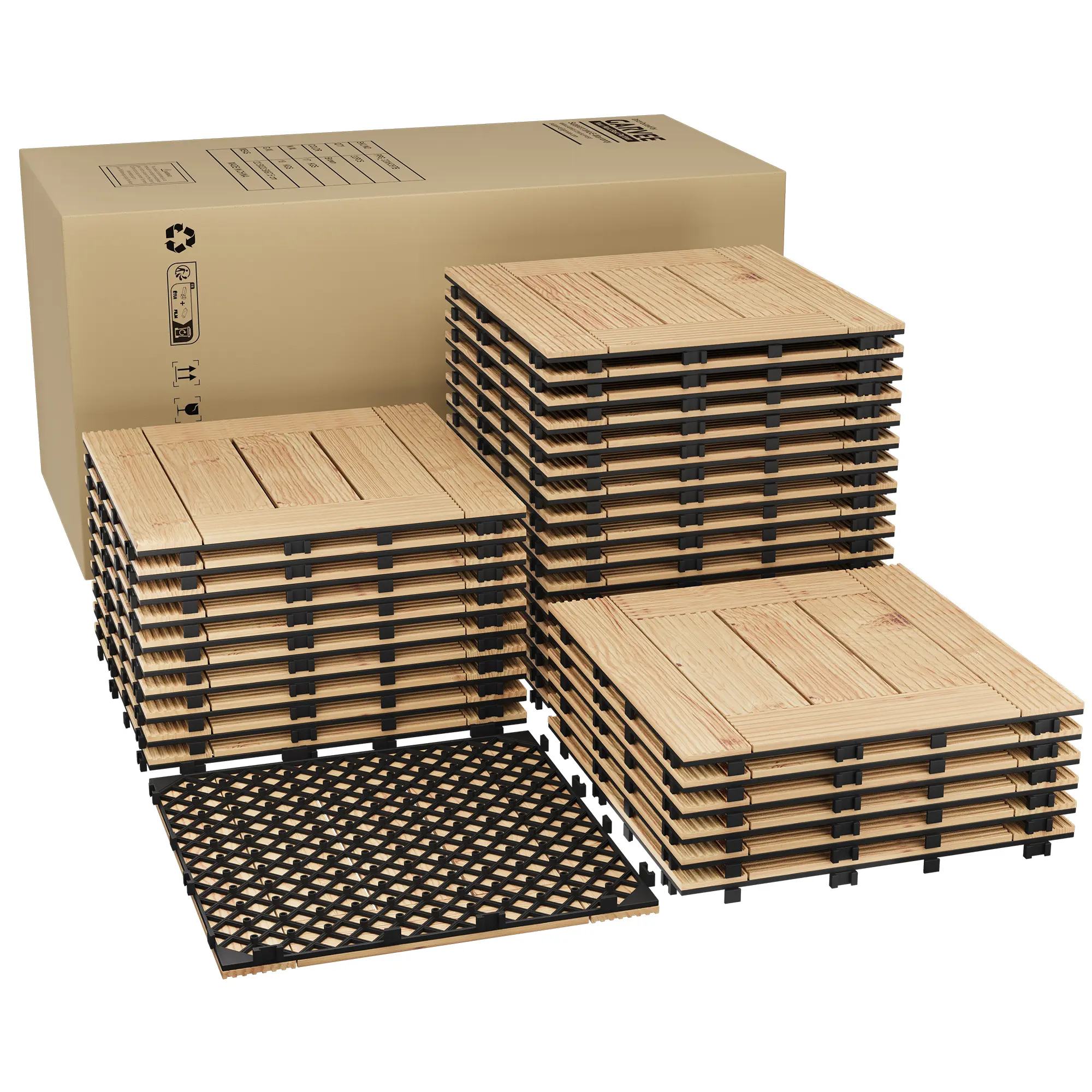 Waterproof Non-Slip Acacia Wood intermeshed Deck Tiles – Outdoor & Indoor Patio Flooring – 12"x12" Panels, Easy Snap Install, All-Weather, Natural Finish – 33 Pack