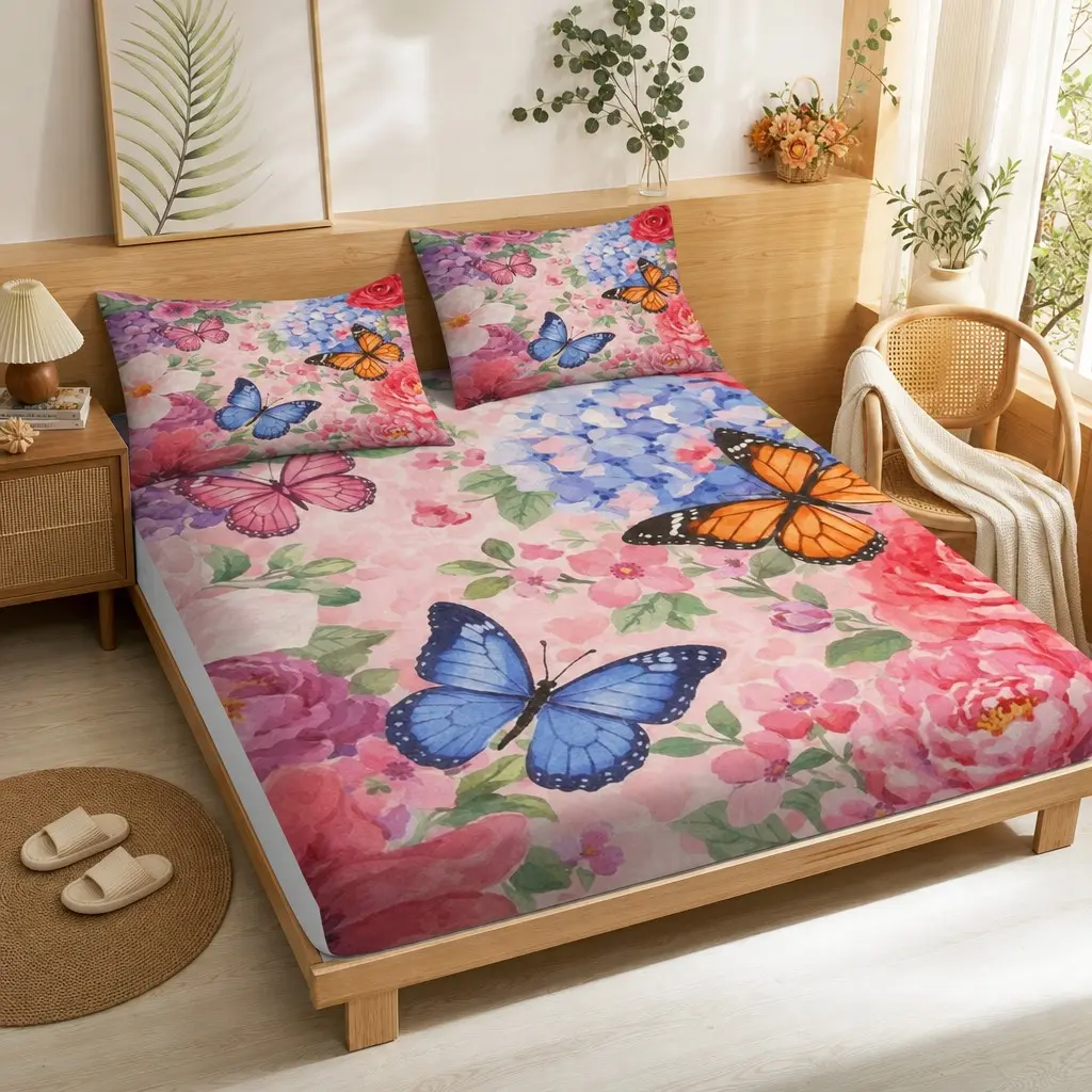 3-Piece Butterfly Floral Bed Skirt Set, Includes 1 Bed Skirt and 2 Pillowcases, Spring Design, Comfortable Bedding, Soft Breathable Mattress Protector, Comfy Bed Sets