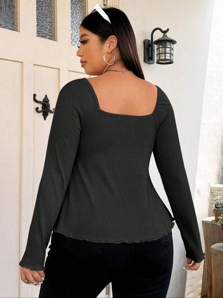 【Plus Size】 Solid Bow Decor Thumb Hole Curved Hem Tee, Plus Casual Long Sleeve T-shirt for Daily Wear, Women Plus Clothing for Fall & Winter, Top 【Plus Size】 Solid Bow Decor Thumb Hole Curved Hem Tee, Plus Casual Long Sleeve T-shirt for Daily Wear, Women Plus Clothing for Fall & Winter, Top