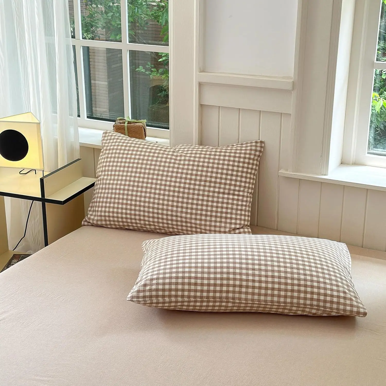Tan Gingham Pillowcases Set Farmhouse Bedding King Size Pillow Shams Buffalo Taupe Plaid Pillowcases Set of 2, Grid Checkered Gingham Washed Cotton Pillow Covers with Envelope Closure, 20"×36"