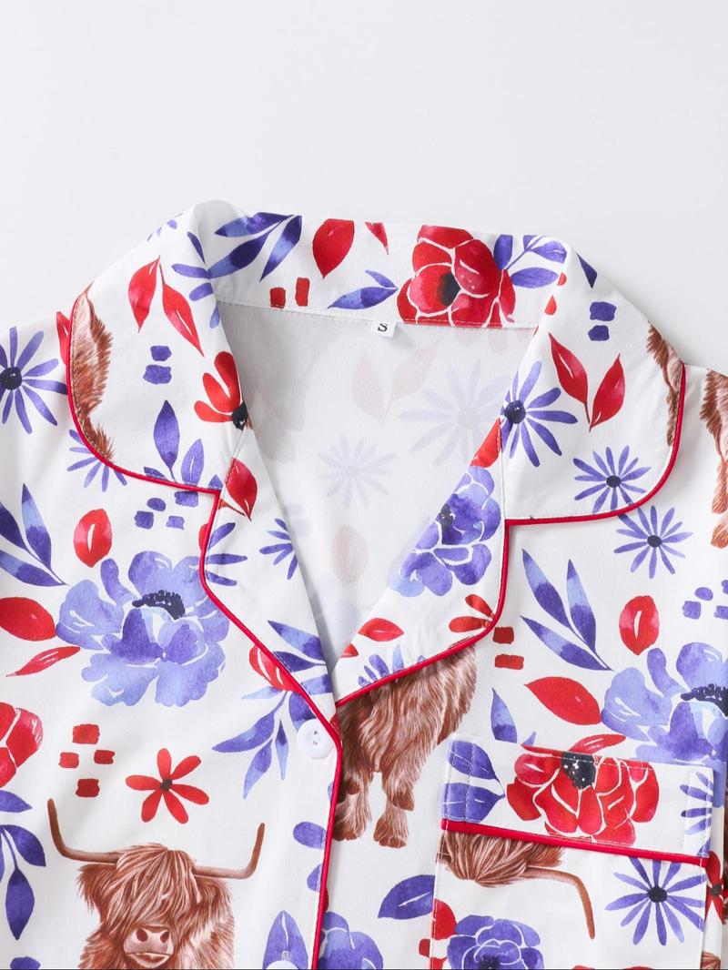 Women's Floral & Cow Print Top & Shorts Pajama Two-piece Set, Casual Comfy Short Sleeve Top & Shorts Pajama Set, Ladies Sleepwear & Loungewear for Summer, Womenswear