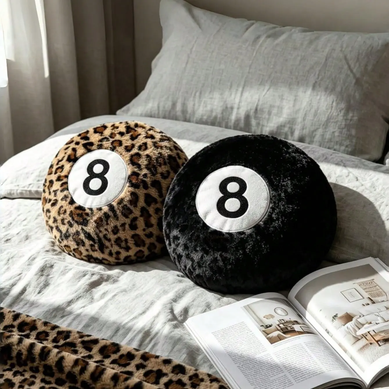 Leopard Print 8-Ball Throw Pillow, Trendy Round Y2K Cushion for Bed and Couch, Cozy Room Decor Accent Pillow, Holiday Gift for Friends and Family