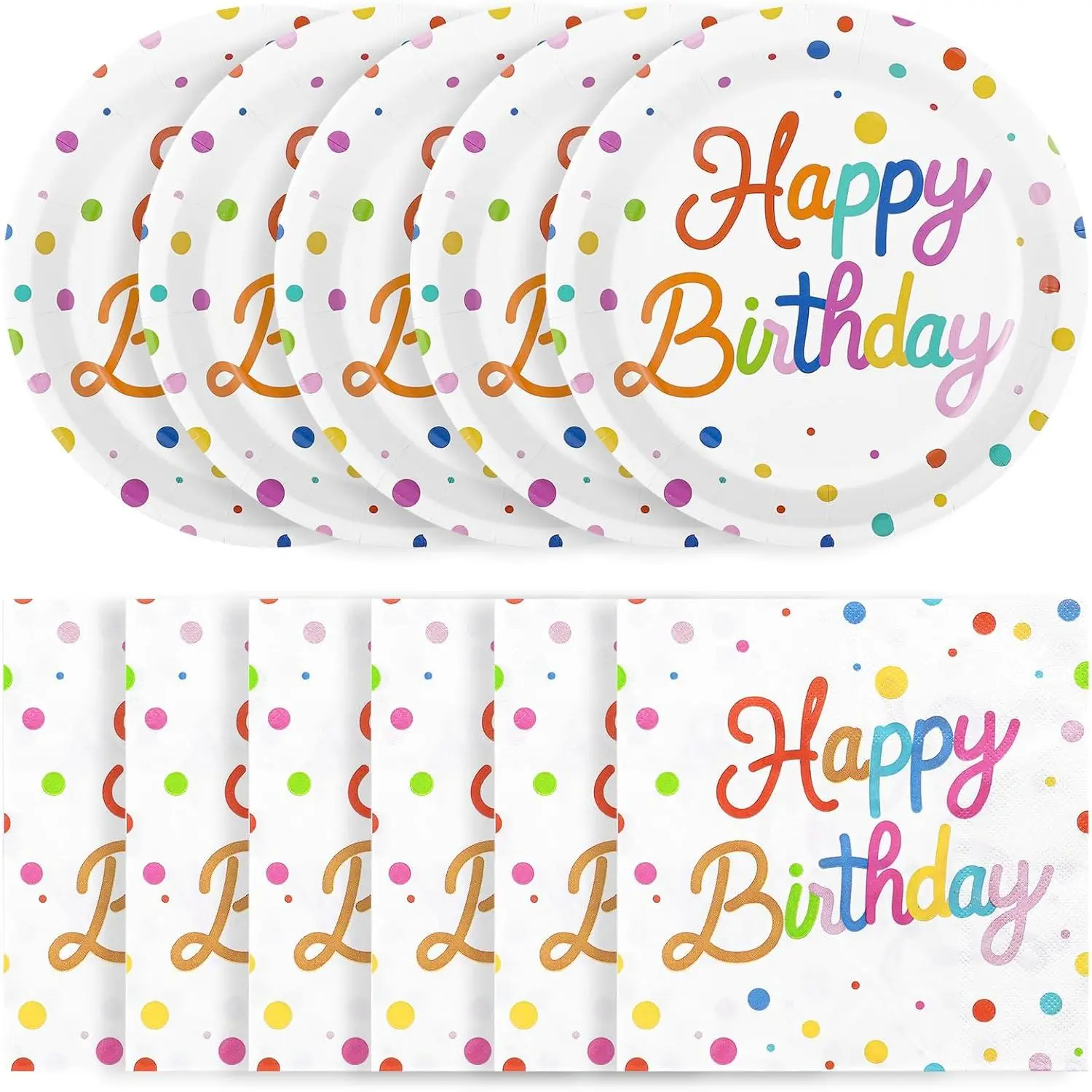 50 count Happy Birthday Paper Plates and Napkins, 7 Inch Colorful Polka Dot Birthday Cake Dessert Plates Disposable Tableware Set for Birthdays Party Decorations, 25 Guests
