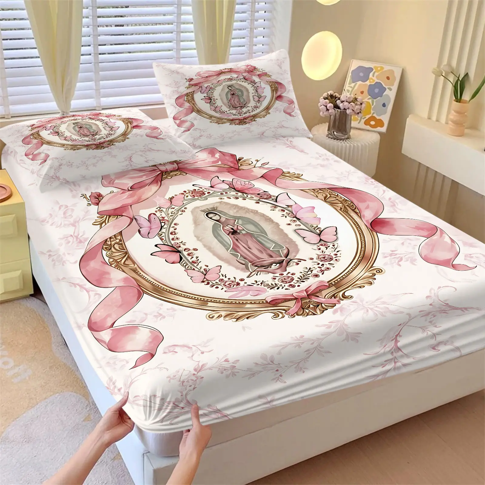 3 Piece Our Lady of Guadalupe Fitted Sheet Set Pink Coquette Bow Butterfly Floral Bedding, Soft Microfiber Deep Pocket Bed Sheets with 2 Pillowcases, Virgin Mary Religious Decor Gift for Bedroom Dorm Apartment