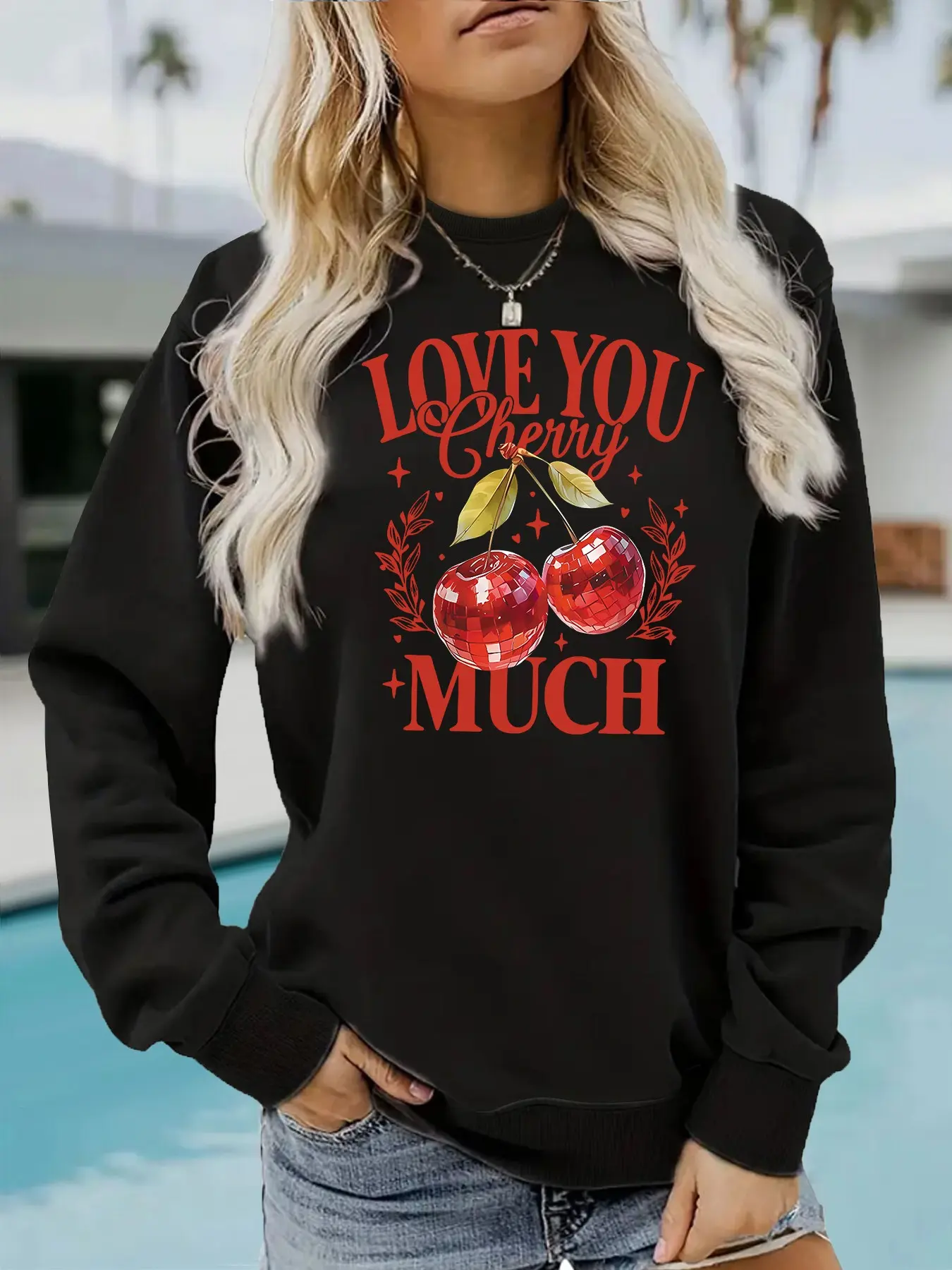 Women's Casual Fleece Sweatshirt, Cherry Fruit Print, Round Neck, Long Sleeve, Loose Fit, Comfortable & Stylish