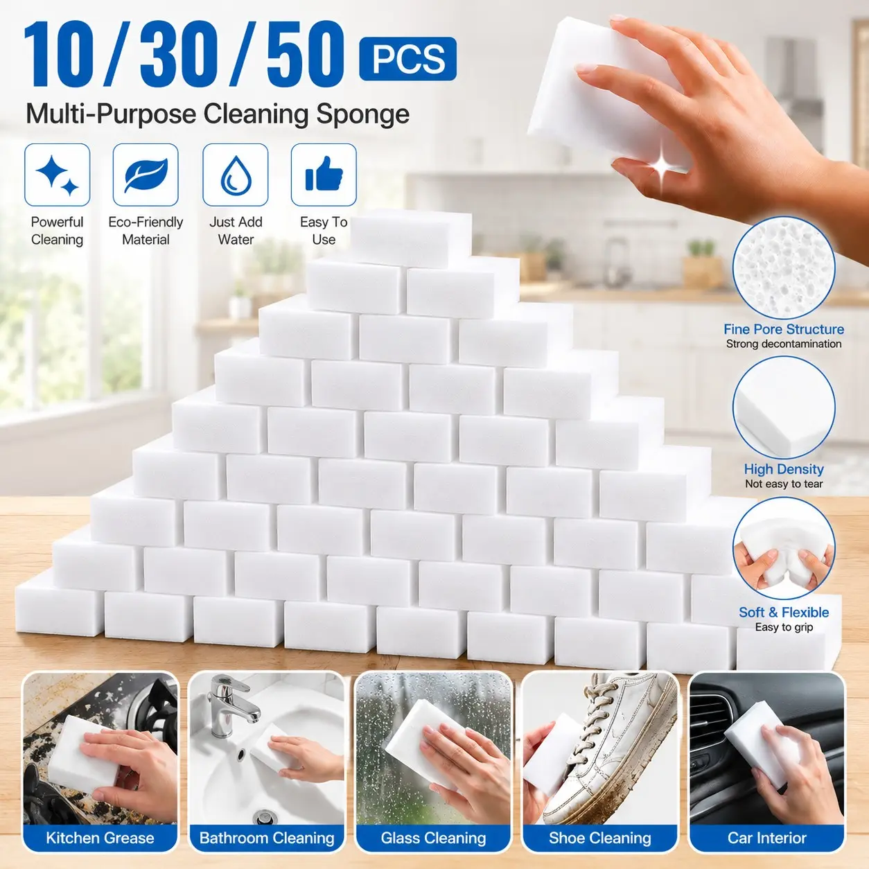 10/30/50pcs Magic Cleaning Sponge, Thick Melamine Foam Pad, Sponge Pads, Multi-Surface Cleaner for Kitchen, Bathroom, Walls, Shoes, Glass, Car Interior