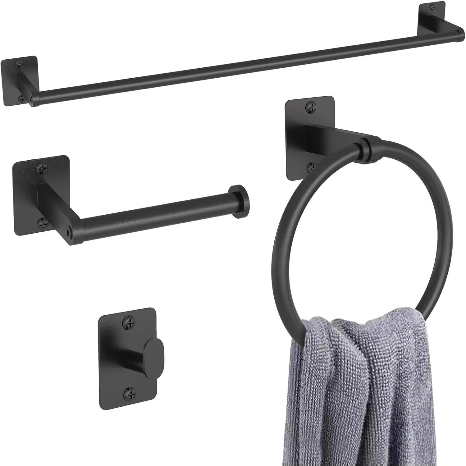 Black Bathroom Accessories Set, 4-Piece Bathroom Hardware Set |   24 inch Towel Bar, Towel Racks for Bathroom, Robe Towel Hooks, Toilet Paper Holder Wall Mounted