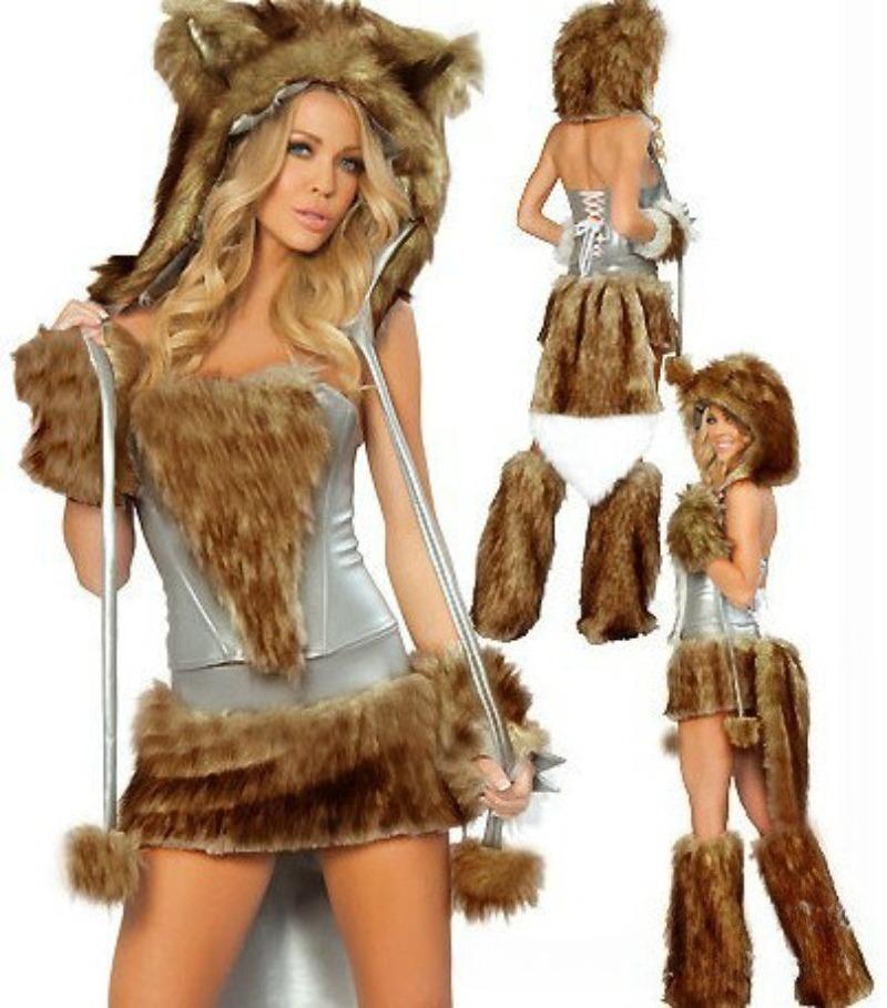 Woman Sexy Animals Costume Bunny White Leopard Fox Roleplay Outfit Hooded Dress with Tail Carnival Halloween Cosplay Party
