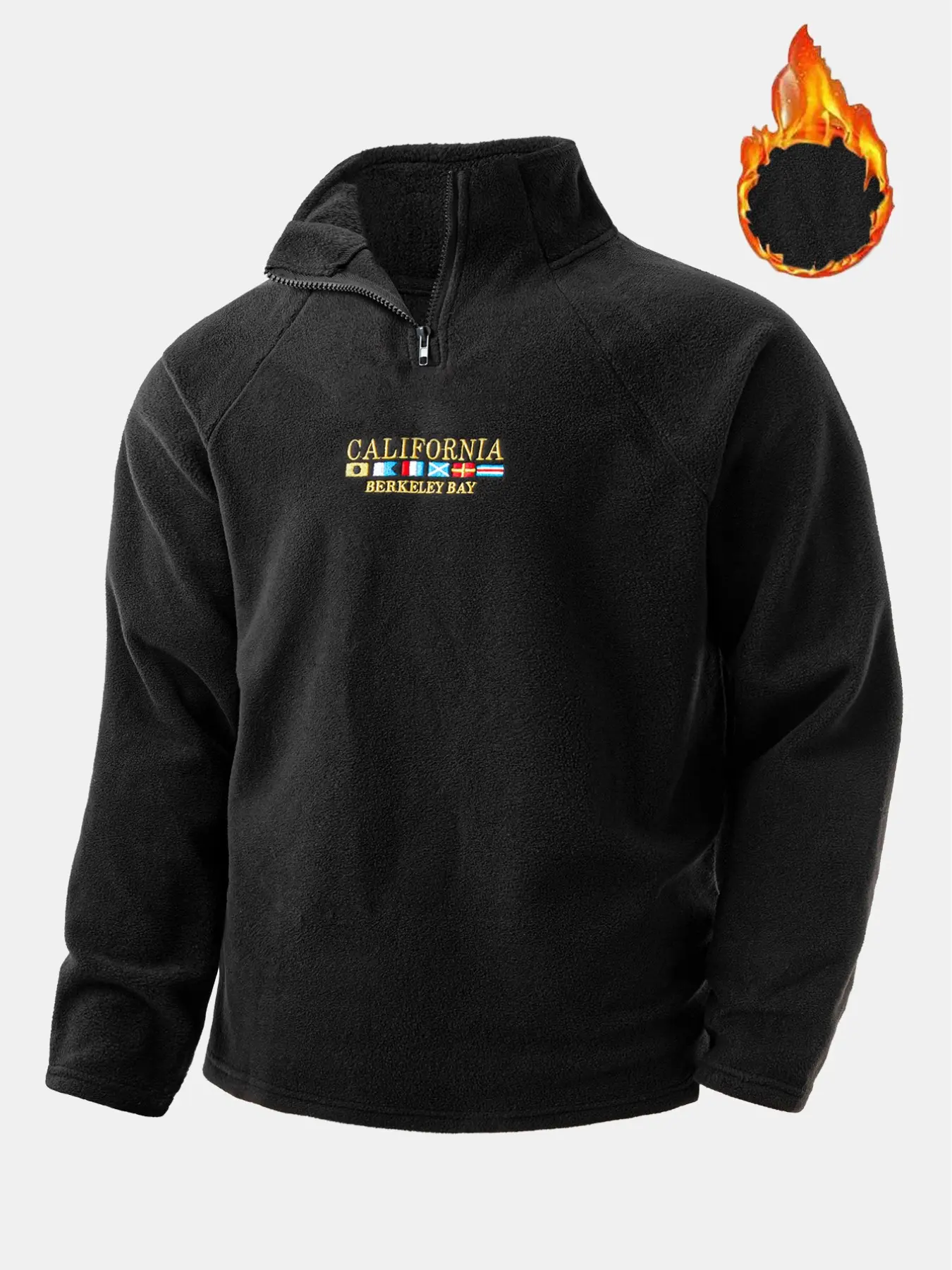 California Berkeley Bay Embroidered Plush Fleece Pullover for Men, Quarter-Zip Warm Sweatshirt, Loose Stand-Collar Top, Casual Winter Wear