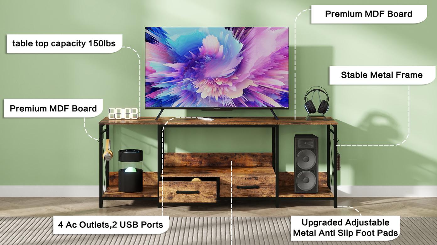 [Bellemave]TV Stand with LED Lights Power Outlets  -  TV Stand with Fabric Drawers for 65 70 75 Inches TV - Entertainment Center and Industrial TV Console Table with Open Storage Shelves for Living Room, Bedroom