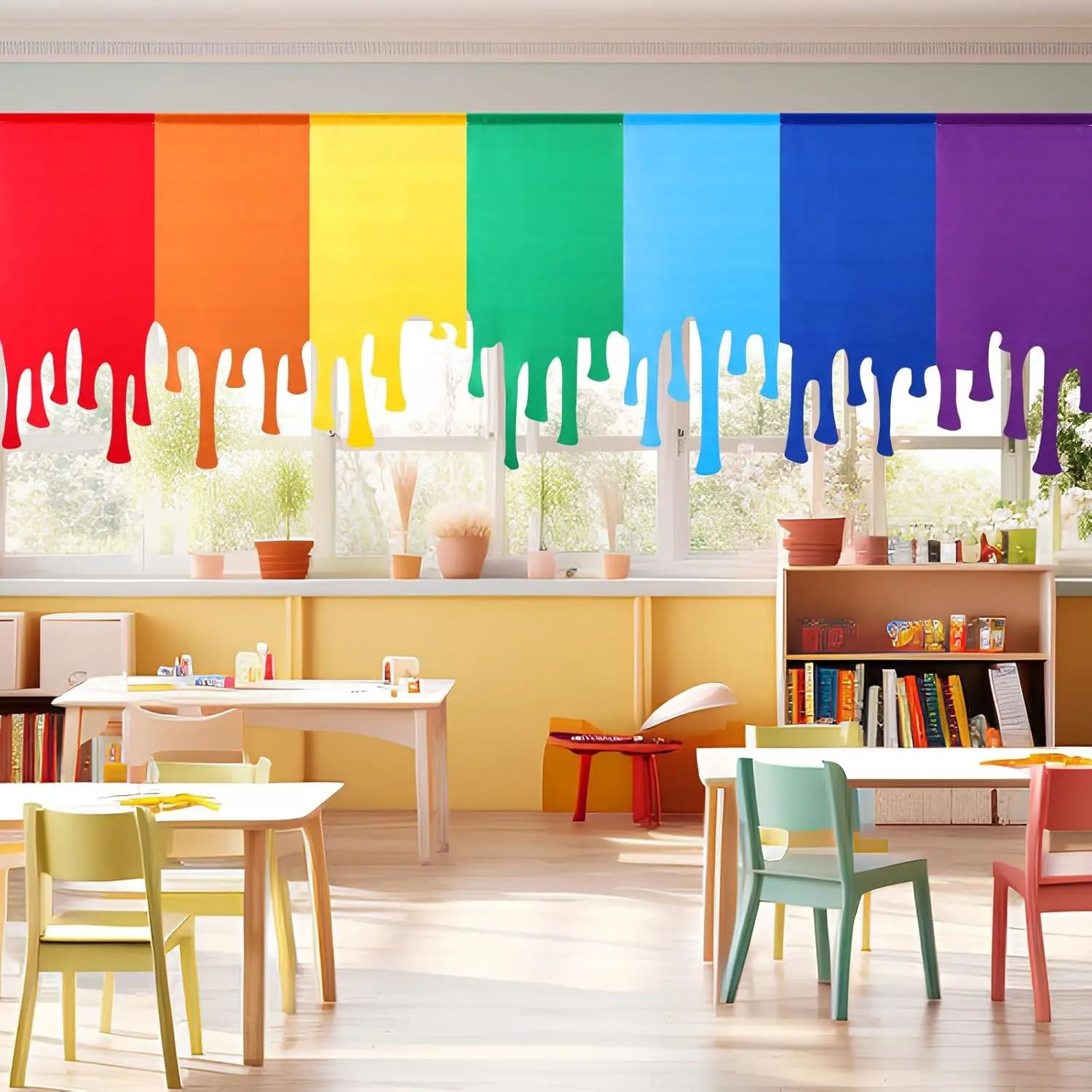 7-Pc Rainbow Paint Splattered Drop Curtain Set, 20x40 Inches, Back to School Decor for Classroom, Daycare, Bedroom