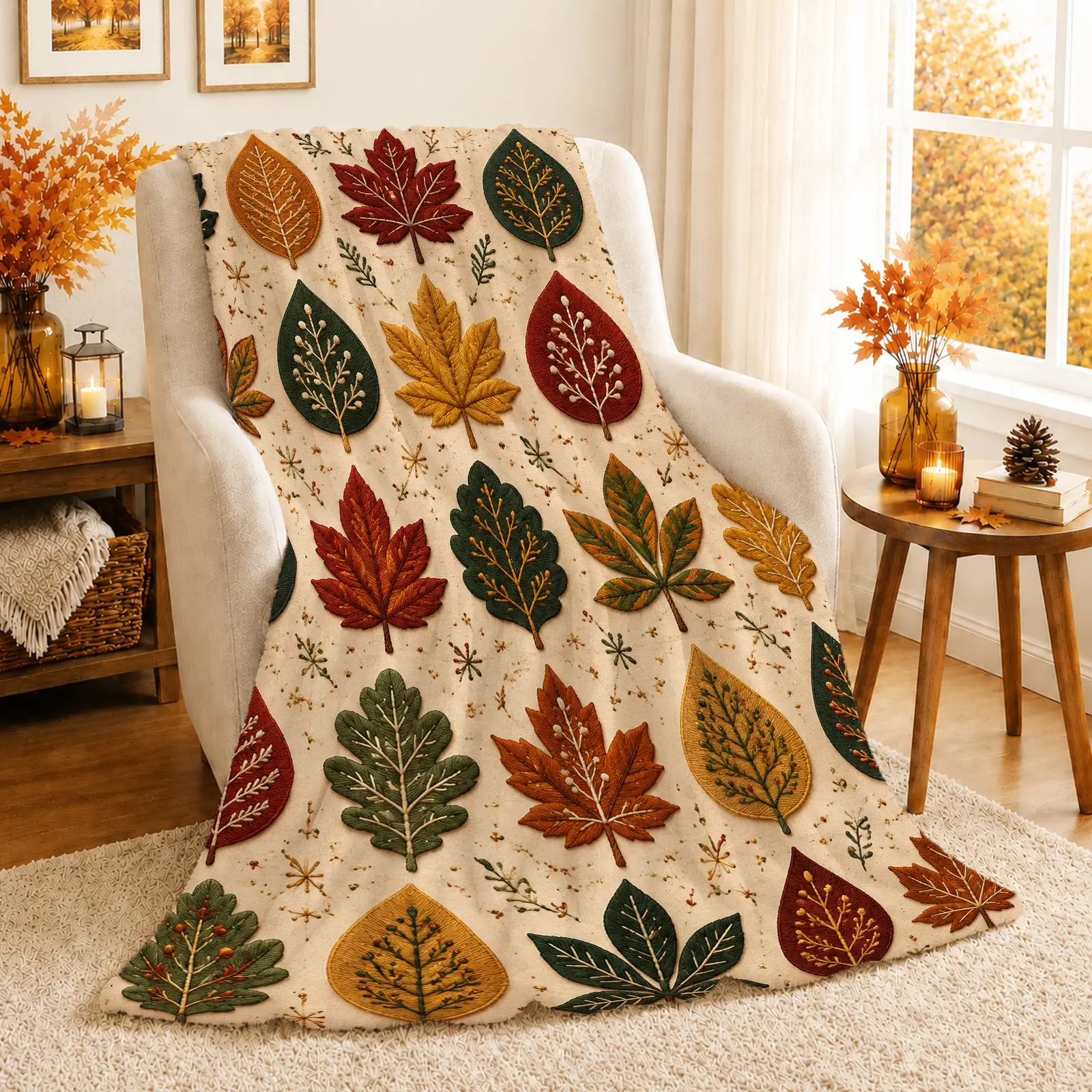 1pc Embroidered Leaf Pattern Blanket, Rustic Autumn Style, All-Over Leaf Design with Botanical Details and Decorative Accents, for Sofa Living Room Fall Decor and Thanksgiving Gift