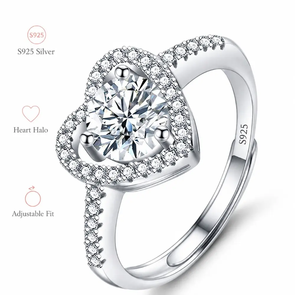 925 Sterling Silver Moissanite Ring for Women, Elegant Heart Shaped 6.5mm Solitaire, Adjustable Pave Wedding Band for Engagement, Valentine's Day Gift, Elegant Engagement Ring