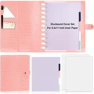 8.5X11 Inch Letter Size PU Leather Discbound Cover Set Frosted Crocodile Pattern Leather Planner with 5 Tab Colored Index Dividers 2 Binder Divider Sheets for Office (Peach Pink)
