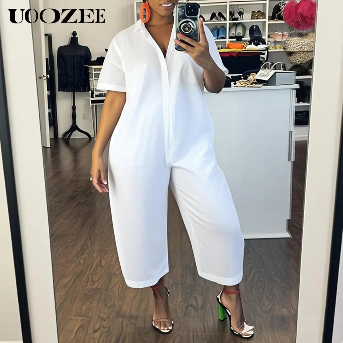 UOOZEE Lady's Solid Color Overalls, Short Sleeve Collared Button-Down Polyester Streetwear, Baggy Oversize Loose Straight-Cut Fit with Pockets, Shortsleeve, Basic, Minimalist