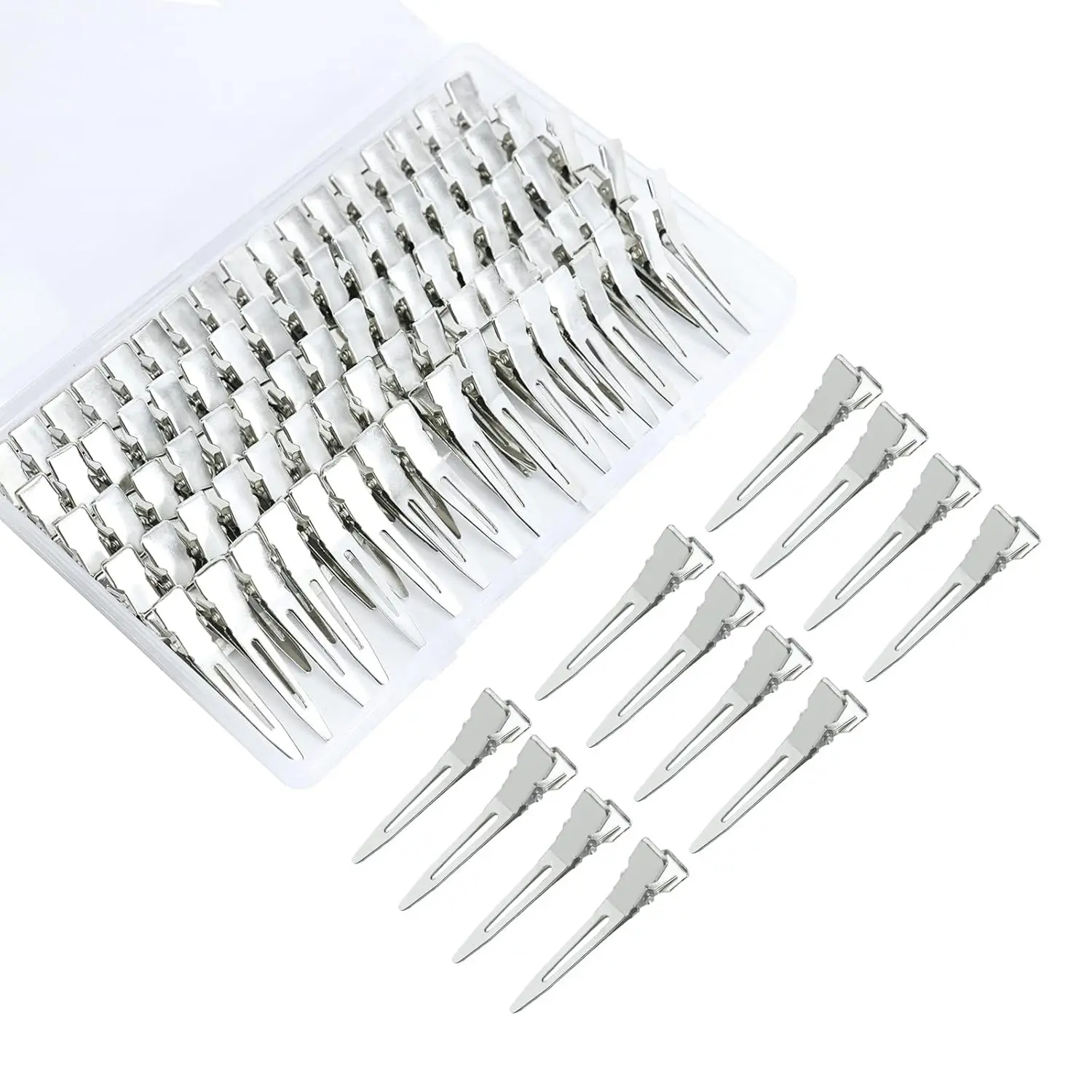 100pcs 1.77inches rust-proof metal alligator clip with a Clear Plastic Box, Styling, Hair Styling, Curling Clip, Hair Coloring, DIY Accessories, Items Fixed, Silver.