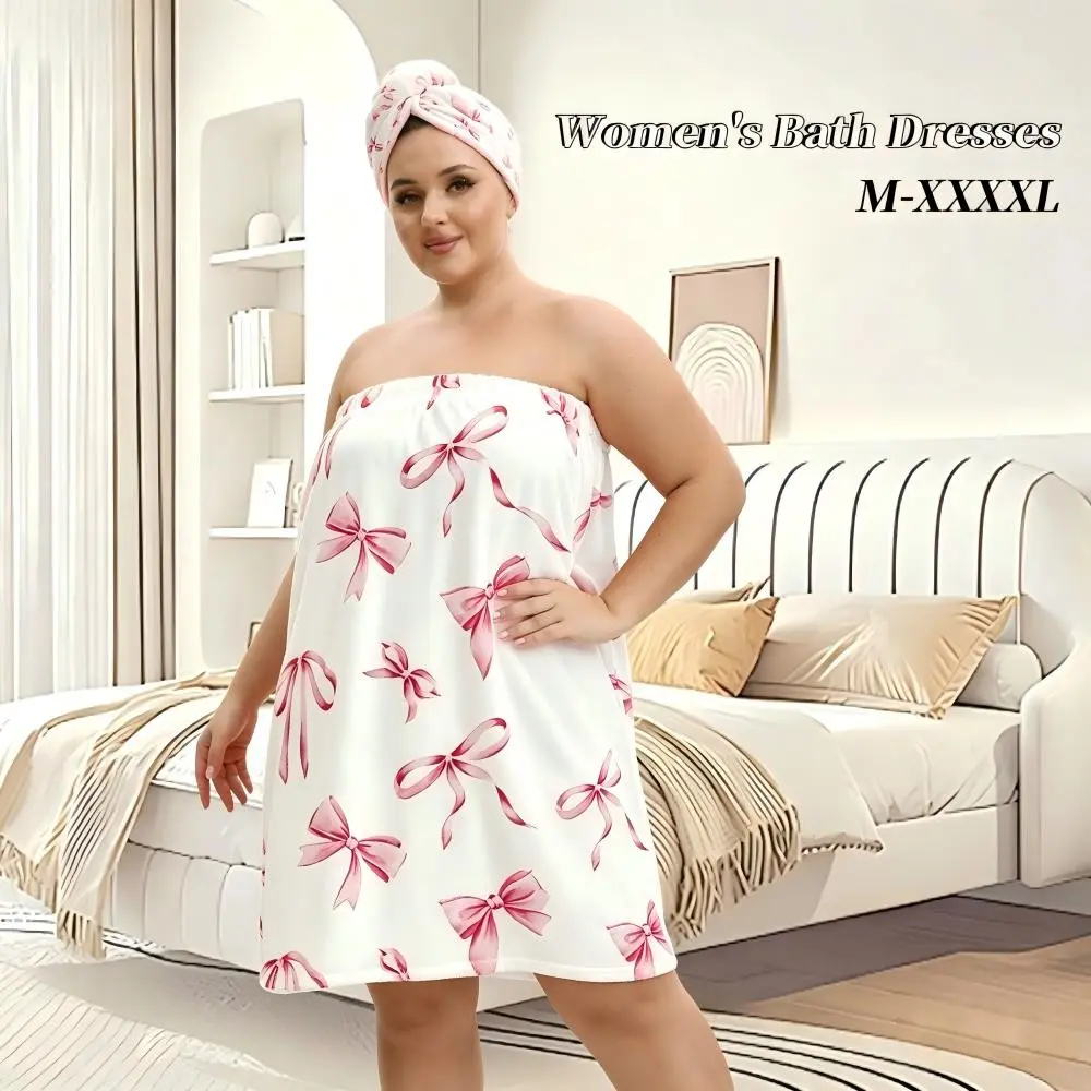 2pcs Bow Print Large Bath Hat and Robe Set, Lightweight Breathable Warm All-Season, Home Travel Sauna Spa, Unisex Hotel Style