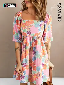 Women's Floral Print Puff Sleeve Smock Dress, Boho Romantic Short Sleeve Square Neck A Line Dress for Vacation Wedding Guest, Ladies Summer Clothes