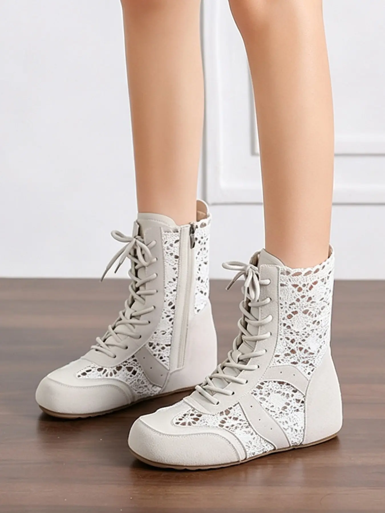 Women's High Top Leather Boots, Summer New Arrival, Rice Lace Hollow Out, Side Zipper, Breathable Mesh, Versatile Short Boots