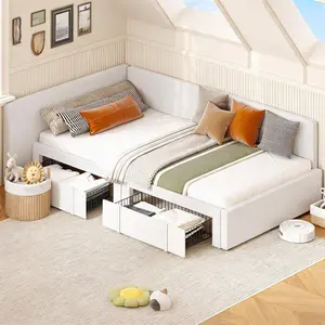 Soft Fabric Upholstered Twin Daybed with Storage Drawers - Extended Headboard & Guard Rails - Modern Corner Sofa Bed for Bedroom or Living Room, Easy Assembly - Beige/Light Grey