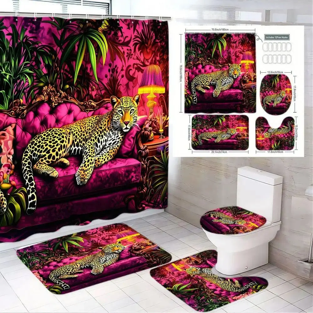 1/4pcs Tropical Leopard Shower Curtain Set - Magenta Pink Jungle Bathroom, Bathroom Decorations, Black Gold Spotted Leopard on Pink Couch with Green Foliage, Matching Toilet Lid Cover & 2 Bath Mats - Bathroom Accessories for Spring Summer Festive Vibes