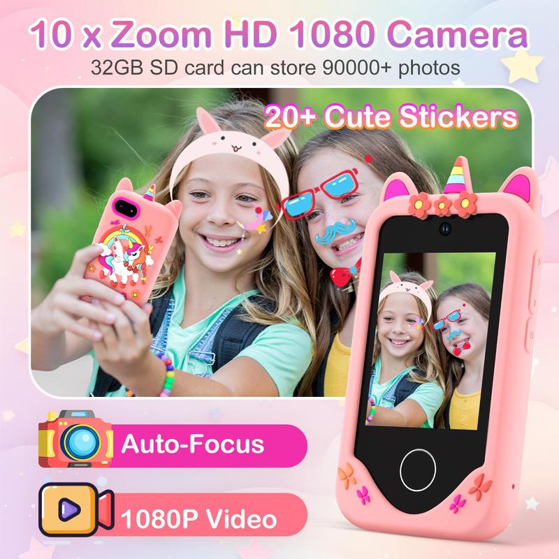Touchsreen Phone with Unicorn Silicone Cover, Dual Camera, Recorder, Habit Tracking, Learning Games, MP3 Player, Calculator for Christmas Birthday Gifts