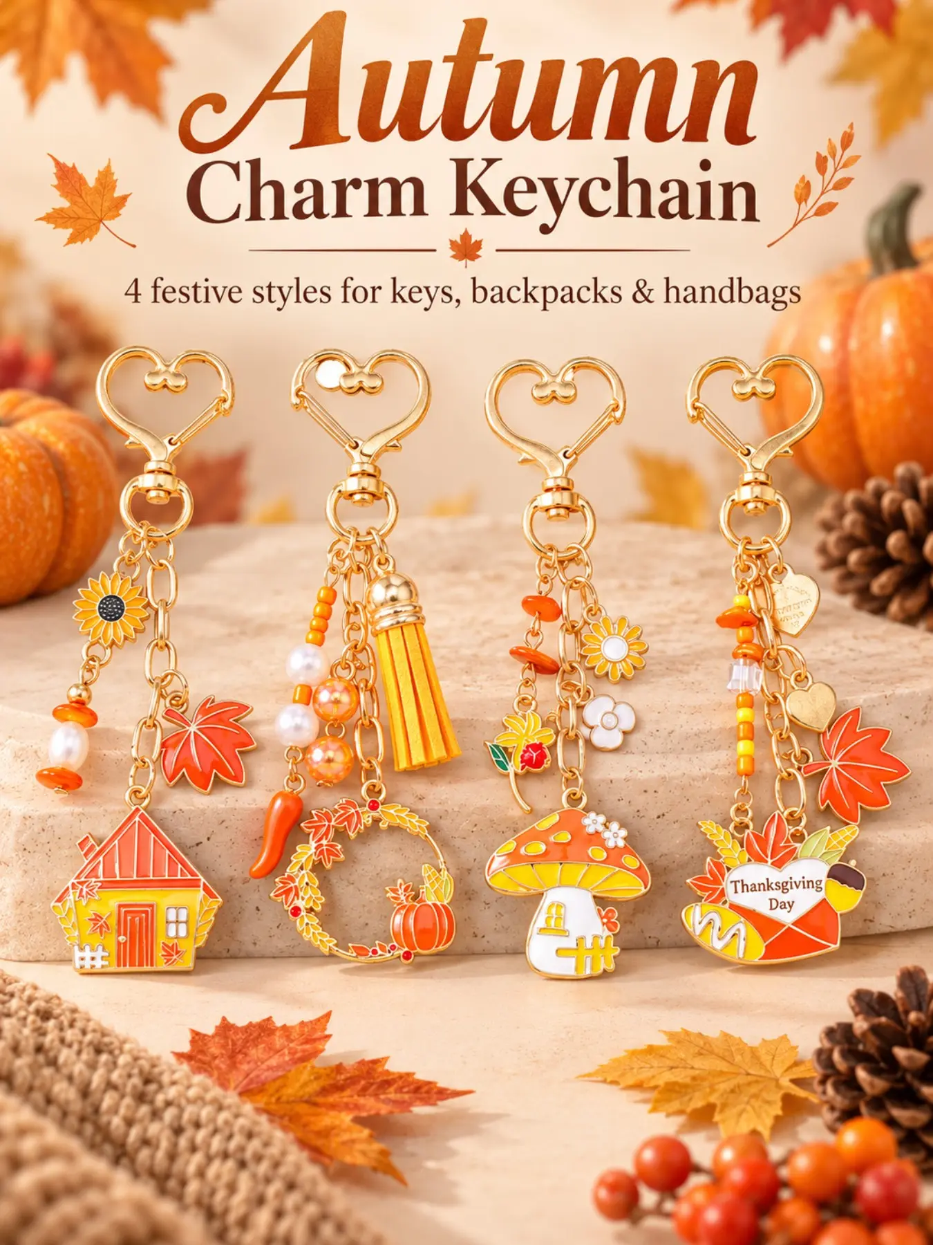 1PC/4PCS Fall Thanksgiving Aesthetic Keychain, Girly Keychain, Heart Shape Clasp Multi-Charm Bag Charm with Maple Leaf, Pumpkin, Sunflower Beaded Details, Autumn Harvest Backpack Pendant, Seasonal Gift & Thanksgiving Party Favor for Women Girls