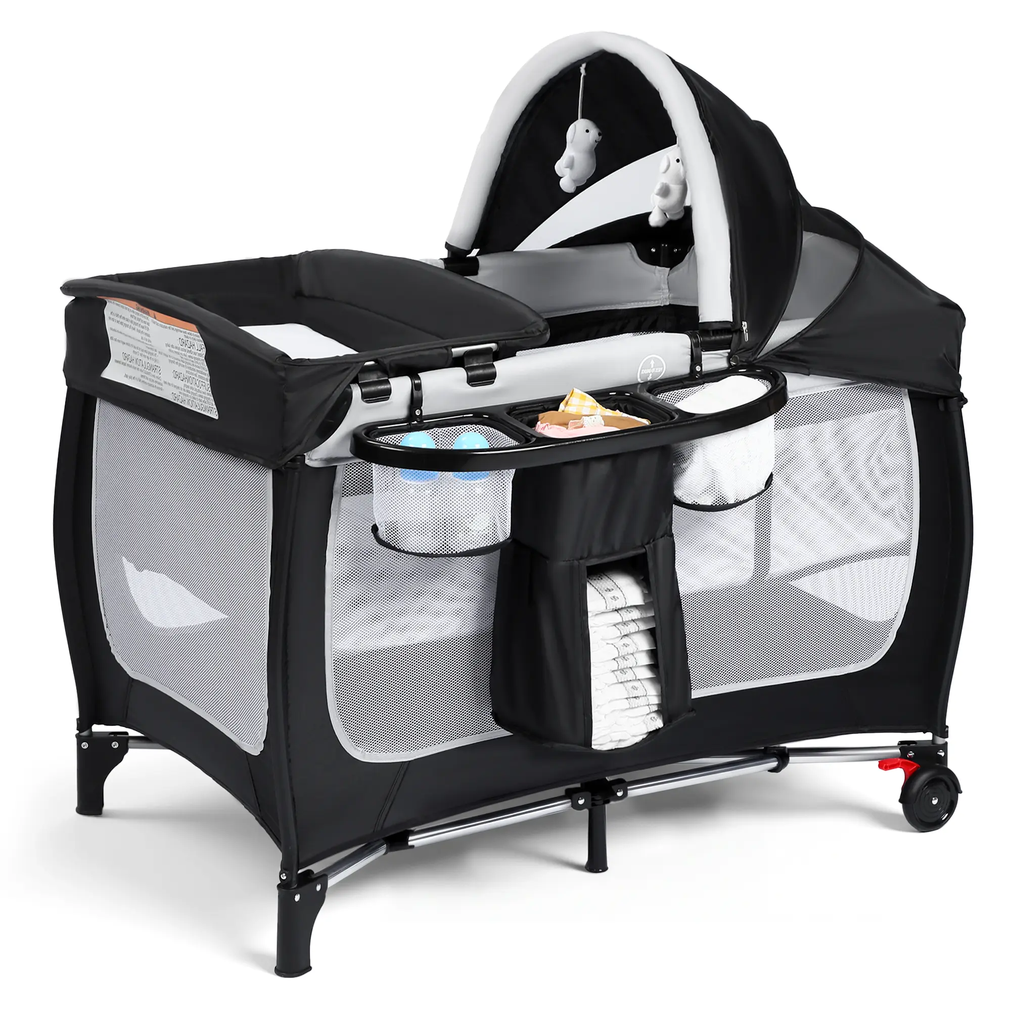 Kinder King 4-in-1 Portable Pack and Play with Bassinet, Changing Table, Adjustable Canopy, Storage Basket & Travel Bag – Infant to Toddler Playard