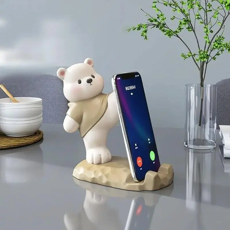 Cute Bear Phone Stand, Adorable Resin Desktop Ornament, Leg Lift Design, Perfect for Home Decor, Unique Gift Idea