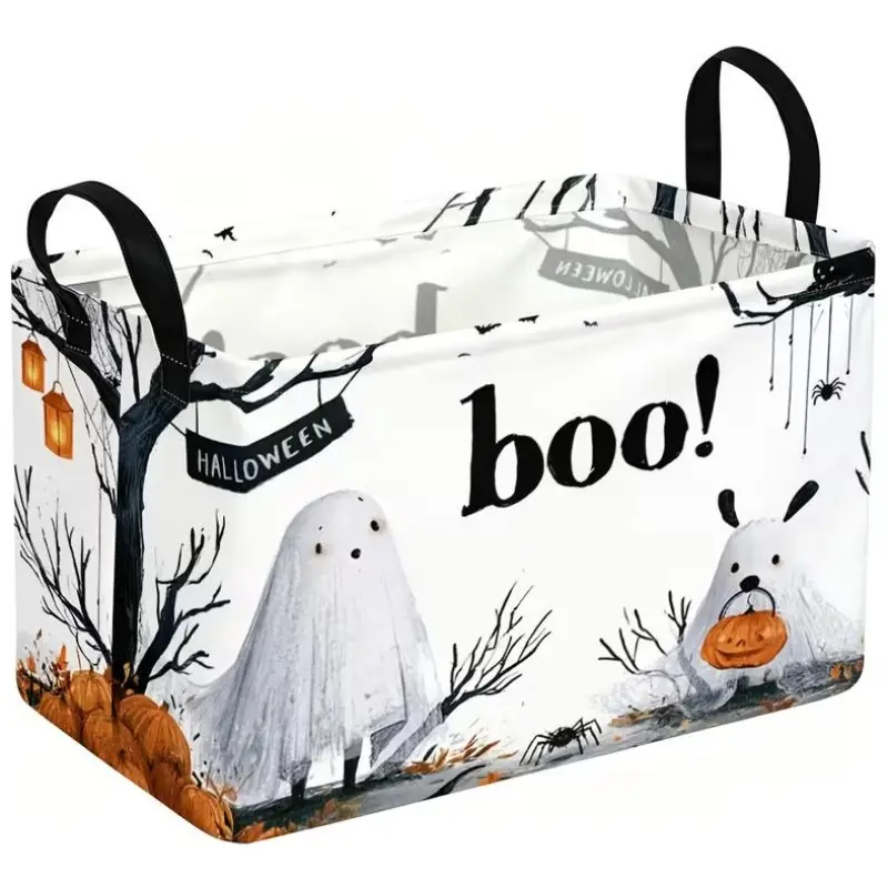 1pc, Whimsical Halloween Ghost And Black Cat Print Storage Basket, Spooky Playful Boo Pattern with Pumpkins Bats And Spiders Design, Multiple Specifications Available, Versatile Organizer for Home Decor And Daily Item Storage, Shelf Baskets