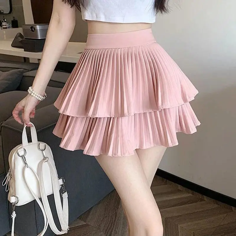 Women Skirts Tiered Ruffles Mini Skirt Cross Charms Built-in Shorts Kawaii Japanese Skort Gothic Punk Y2K Girl Harajuku 90s Sexy