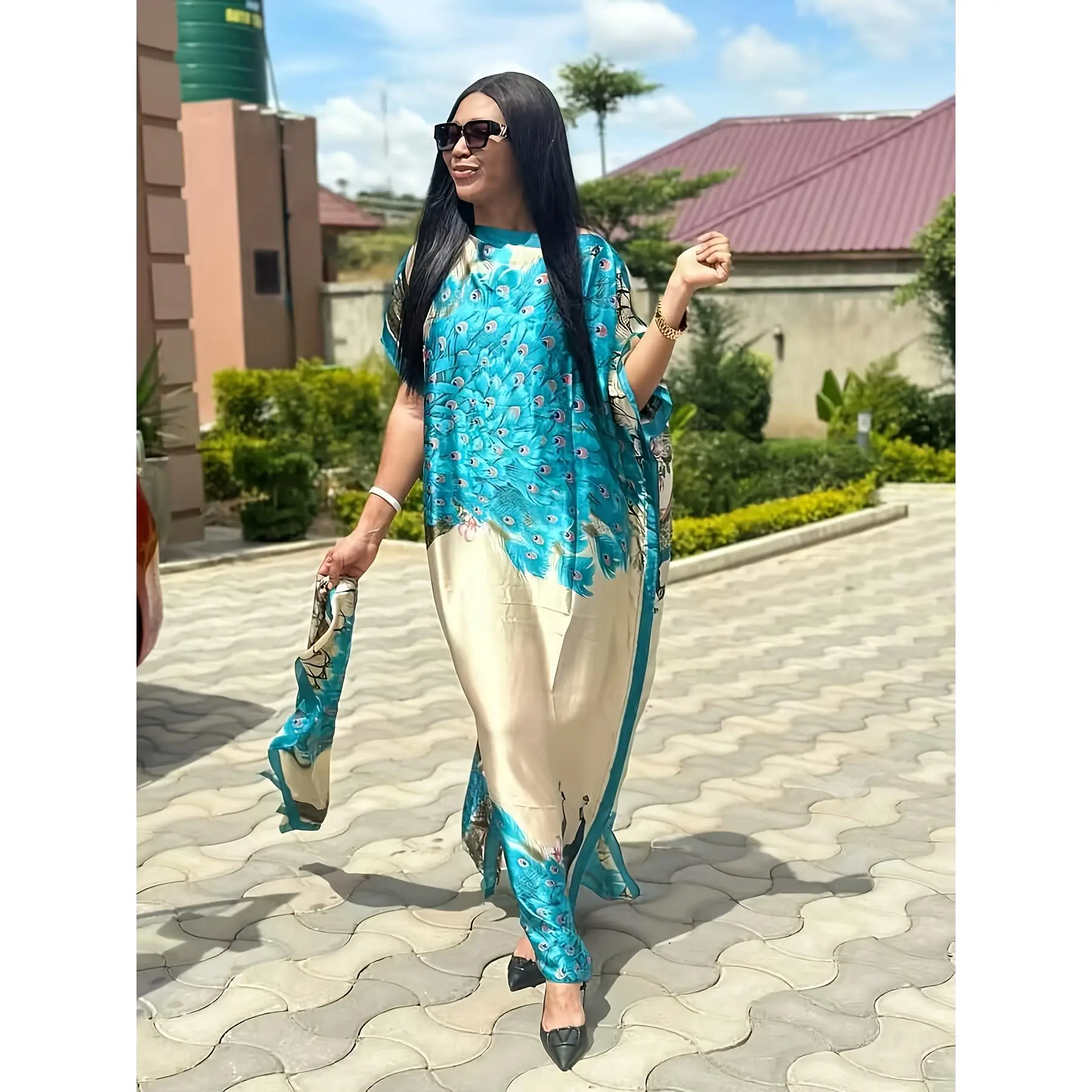 Plus-size fashion animal print, peacock print design women's long dress, paired with a matching scarf, suitable for multiple occasions