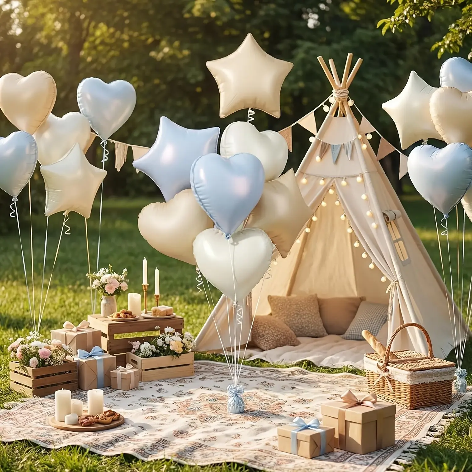 Blue cream heart-shaped balloons, 12 45.72cm caramel cream blue heart-shaped balloons and star aluminum foil balloons, suitable for baby boy parties, men's birthdays, wedding anniversaries