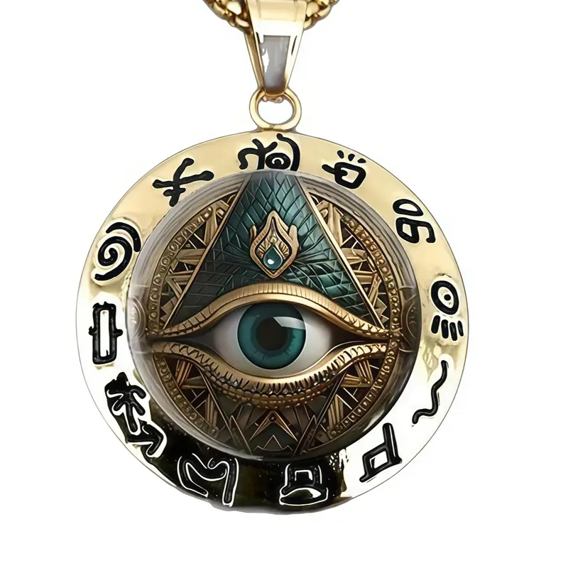 Ancient Egyptian Hieroglyphs Horus Eye Pendant Necklace, Triangular Pyramid Glass Charm, Chain, Mystical Spiritual Protection Birthday Gift Jewelry for Men