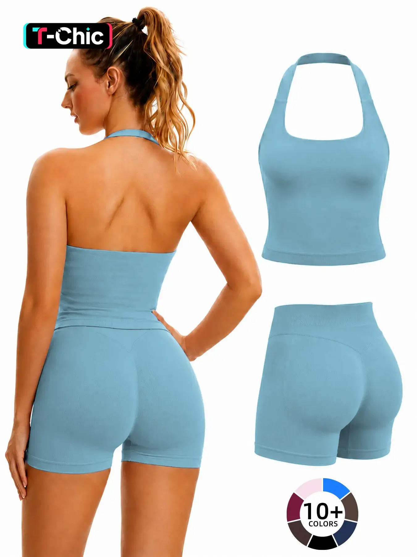 Women's Yoga 2-Piece Set, Activewear Workout Set, Breathable Sporty Halter Top & High-Waisted Seamless Butt-Lift Shorts, Plain Color Athletic Seamless Yoga Outfits, Fitness Outfits, Yoga Sets