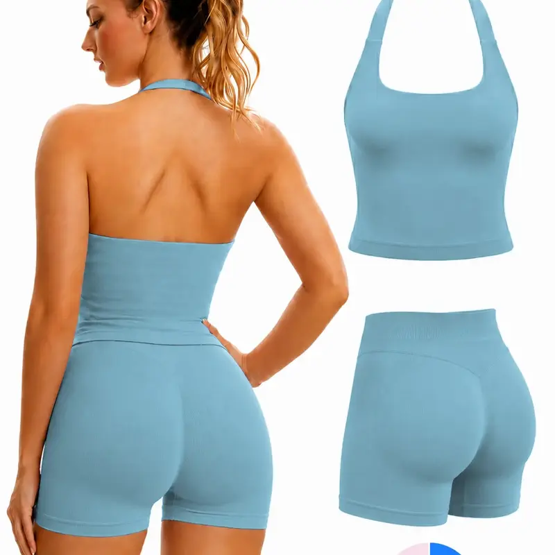 Women's Yoga 2-Piece Set, Activewear Workout Set, Breathable Sporty Halter Top & High-Waisted Seamless Butt-Lift Shorts, Plain Color Athletic Seamless Yoga Outfits, Fitness Outfits, Women Workout Clothes