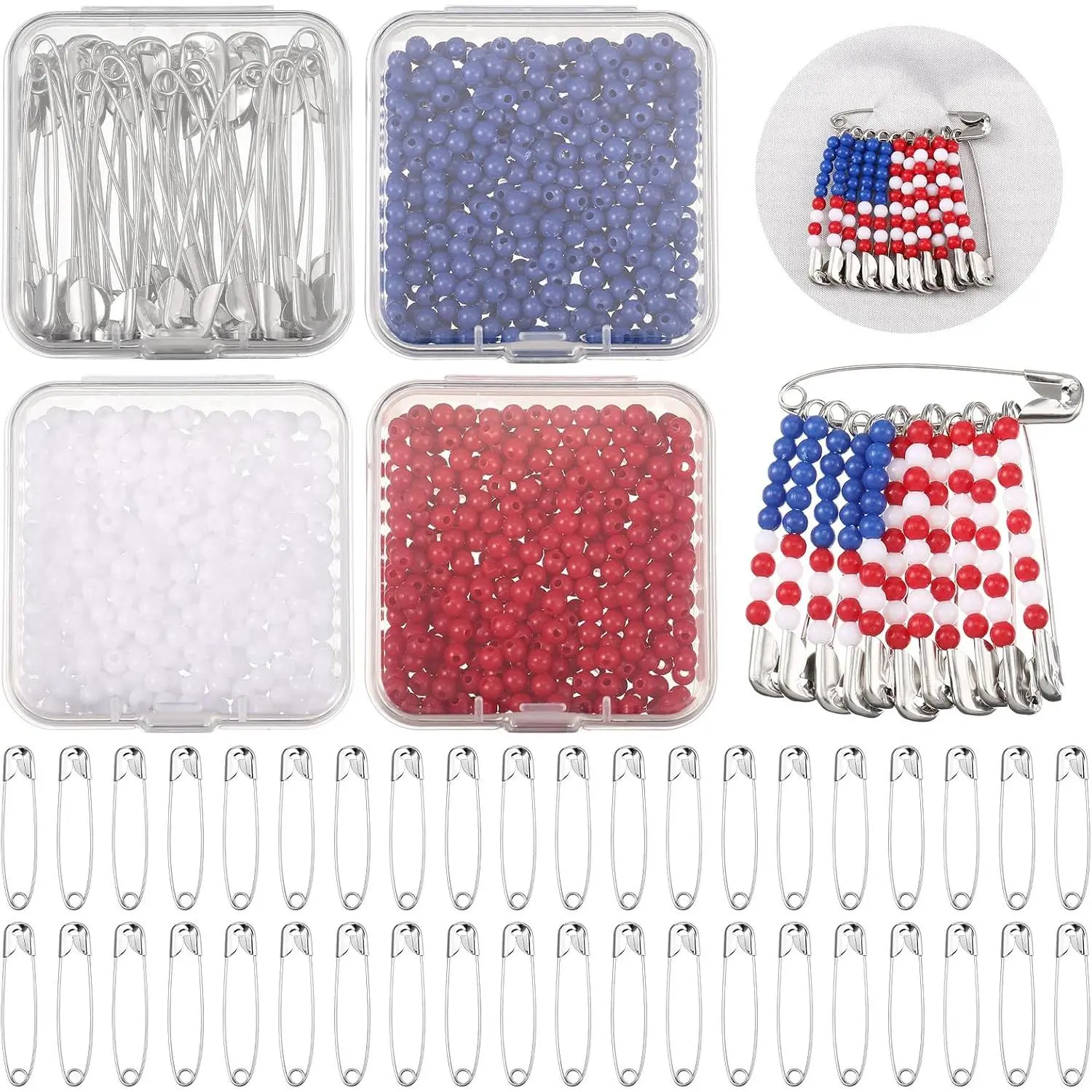 80 Safety Pin Fashion Bulk Include Safety Pin and Small Beads, Flag Bead Craft Kit, Patriotic Craft, Friendship Beads Fun and Funky Bead Brooch for 80s Party (6 Colors)