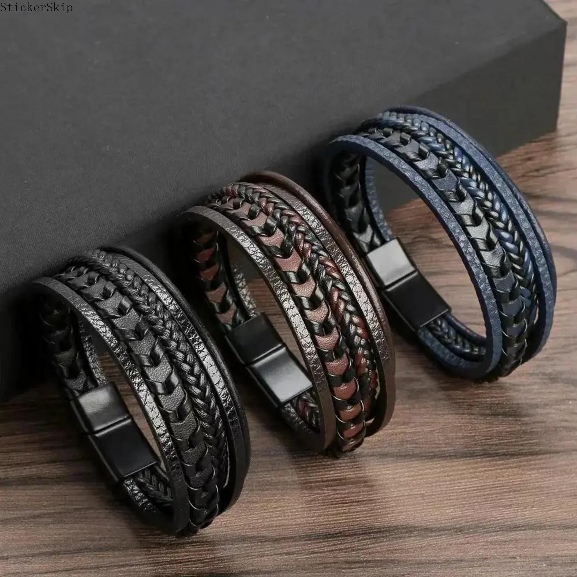 2026 NEN 3-Pack Trendy Men's Multi-Layer Bracelets - Alloy Magnetic Buckle Retro Leather Rope Braided Bracelets, Fashion Dressing Accessories