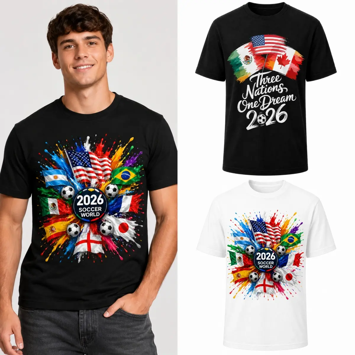 2026 Soccer Ball All Flags Soccer Fan Shirt, Black & White Unisex Gildan Cotton Front Print Tee, S-3XL Available, World Sports Lover Shirt for Men Women Kids, International Flag Soccer Gift, Game Day Outfit, Futbol Fan Apparel