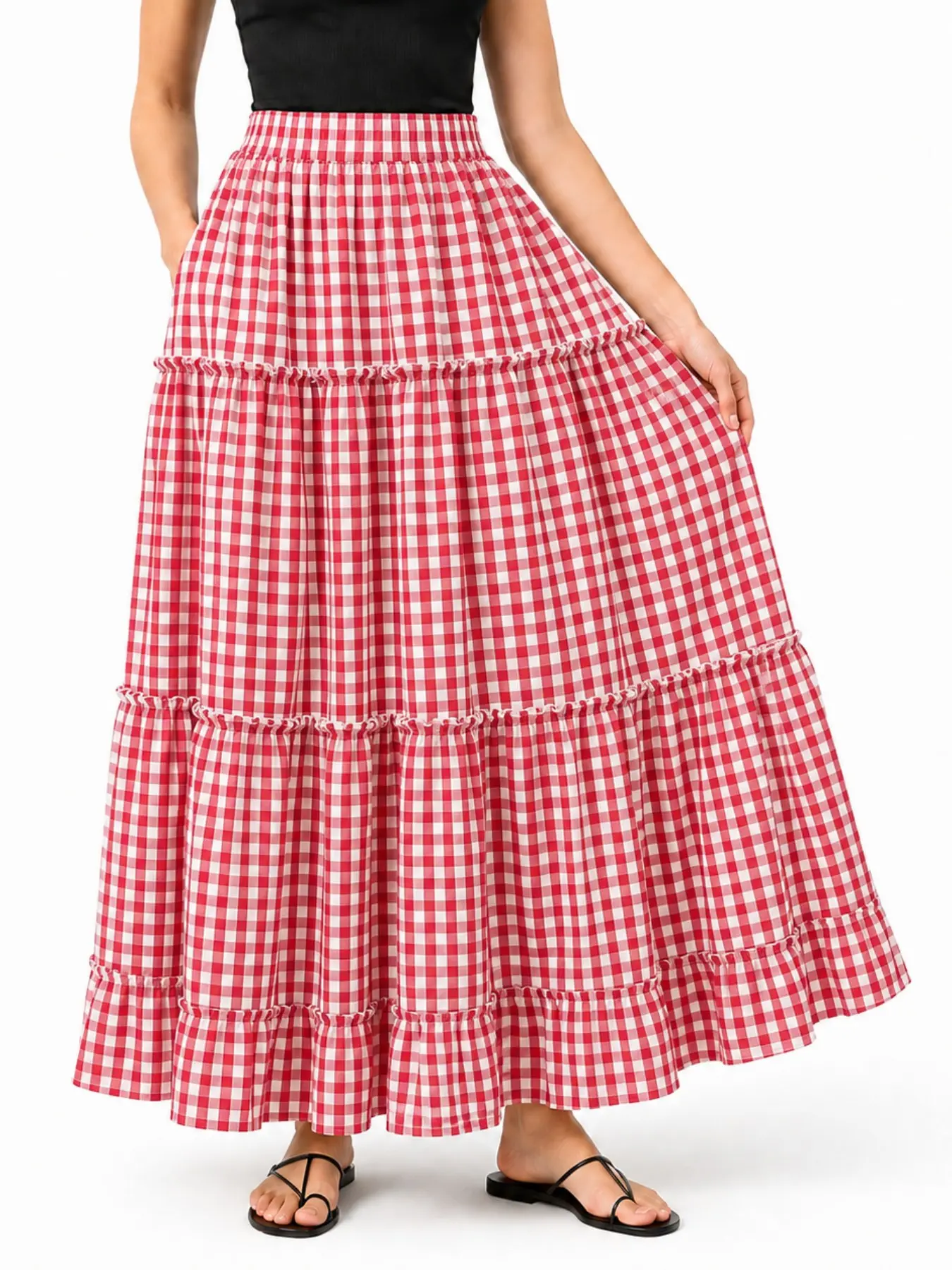 Women's Long Gingham Skirt, Elastic Waist Design, Casual Loose Fit, Chic Fashionable Split Hem, All-Season Wear, Trendy and Versatile