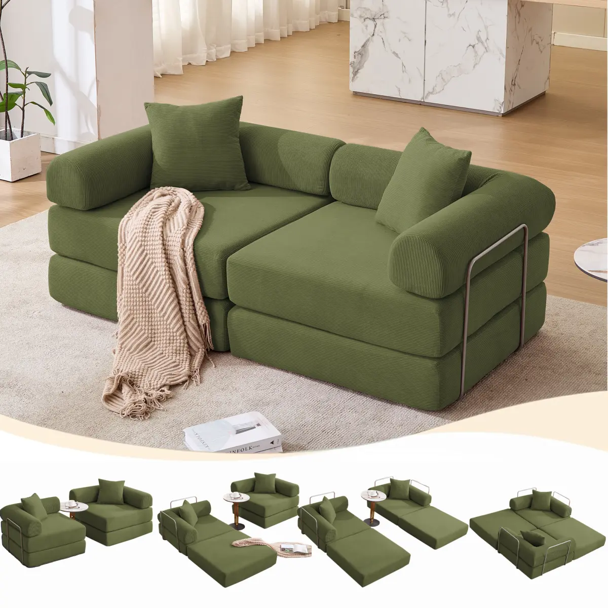 Aobtkel 2-Seat Plush Sturdy Retro Modular Corduroy Sofa Bed, 73"l x 36.5"w x 32"h, Fixed-Shape Frame, Removable Armrests, Foldable Polyurethane Foam Mattress, No Assembly, Green, for Small Apartment Working Spaces