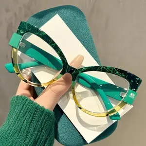 Unisex Cat Eye Anti-Blue Light Photochromic Reading Eyeglasses - High-Quality HD Lens Eyewear, Large Color Blocking Multicolor Design Frame for Computer Office, Cycling